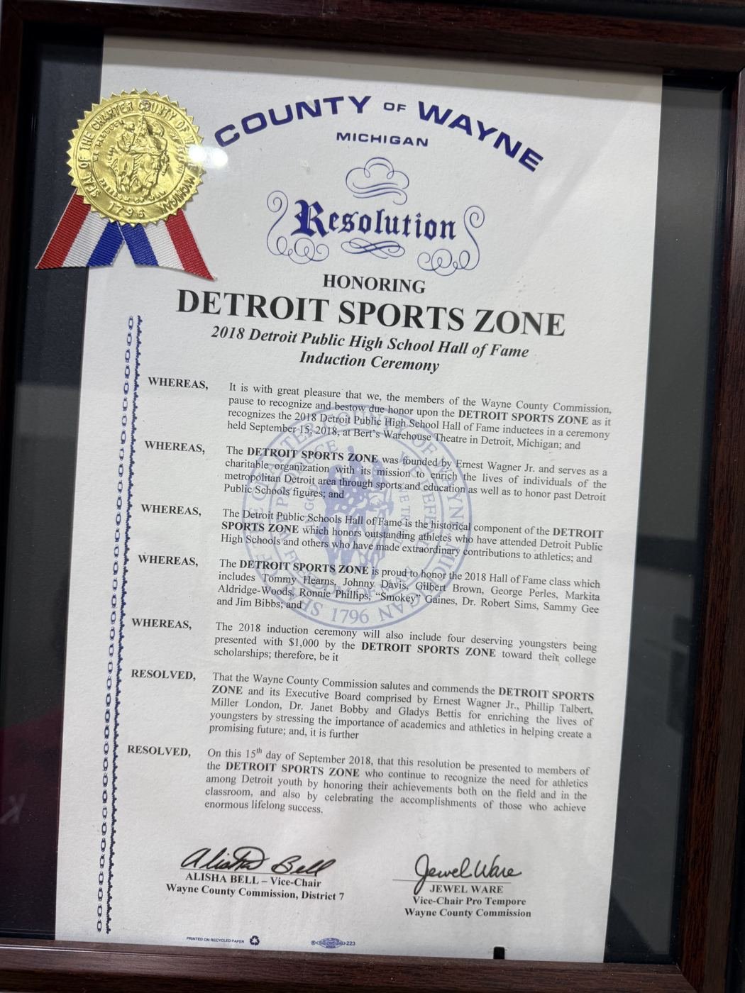 Wayne County resolution honoring Detroit Sports Zone